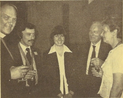 At Monday’s Reception: (l. to r.) The Bishop of Guildford (Rt. Rev. David Brown), the Guildford D.G. Master (Mr. Michael Church), his fiancée (Miss Lucy Freemantle), the Central Council’s president (Mr. Edwin A. Barnett) and his wife (Olive), an honorary member of the Council