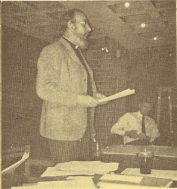 The vice-president of the Central Council (Rev. John G. M. Scott) addressing the open meeting held in the Cathedral Refectory on Sunday evening. He chaired the meeting, attended by 180-200 ringers and friends