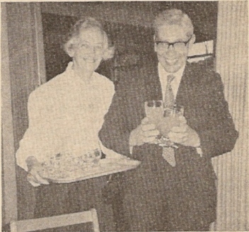 Drinks for all! Hilda and Bill Oatway, of Leatherhead, Surrey, do the “rounds” at Guildford’s Royal Grammar School during the Civic Reception for the Central Council on Bank Holiday Monday