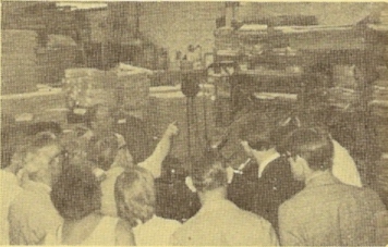 One of the groups that visited the offices of the printers of the Ringing World on Bank Holiday Monday during the C.C. weekend in Guildford. Mr. Will H. Viggers points to one of the Intertype machines which sets the type for the ringers’ journal