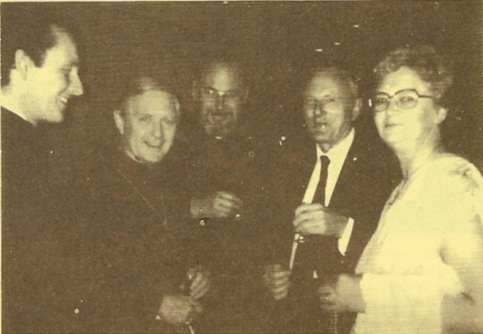 At the Civic Reception there was sherry for all: (l. to r.) Bro. David Columbus, the Bishop of S. Germans (Rt. Rev. Bishop Michael), the Rev. John Scott (vice-president, C.C.), Mr. Edwin A. Barnett (president, C.C.) and Mrs. Olive Barnett (hon. Member, C.C.)