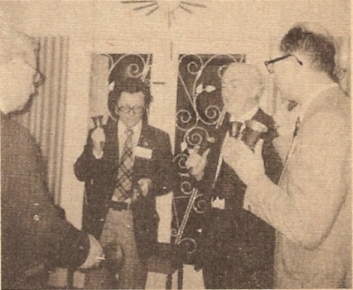 At the Brookdale Hotel, when luncheon was taken during the coach tour on Monday, handbells were brought out and entertained not only the tourists but a number of others in the hotel bars. (l. to r.) Frank Reynolds, Malcolm Bowers, Cyril Crossthwaite and Anthony Davidson