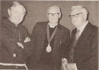 The president of the Truro D.G. (Canon Arthur S. Roberts), centre, was here, there and everywhere greeting the guests and visitors at the Reception on Monday. One of the most important was the Bishop of S. Germans (Rt. Rev. Bishop Michael), seen here on the left, with Mr. Frank Perrens (right)
