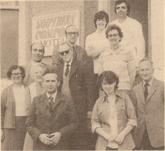 This group photograph was taken outside the hotel where they were staying for the Central Council meeting in Penzance. (Top) The hotel proprietors: then Mr. Godfrey and Ruth Morris; Colin Champion and Mr. A. Hoare; (front) Miss Hoare, Mrs. Champion, R. G. T. Morris, Penny Morris and Mr. Smith